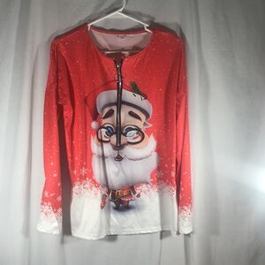 Christmas Santa Claus Print Women's L Long Sleeve Quarter Zip T-Shirt